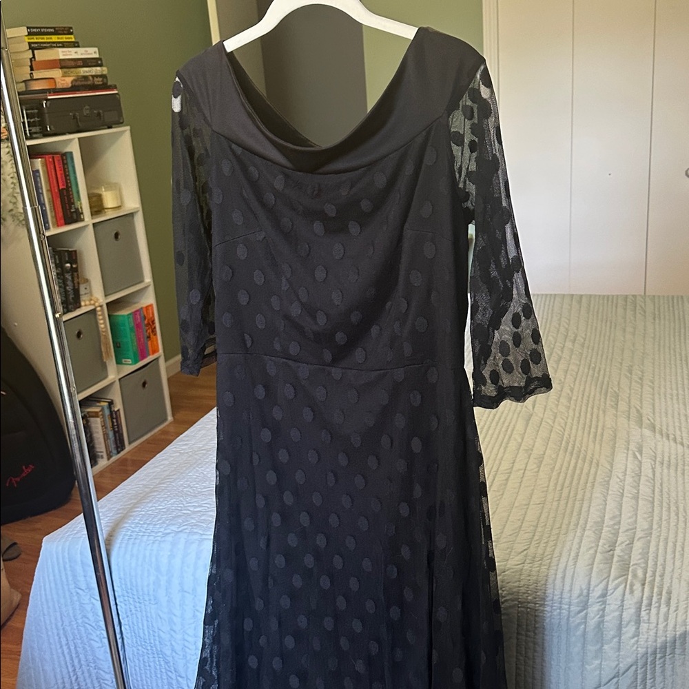 Elegant Black Polka Dot Mesh Maxi Dress